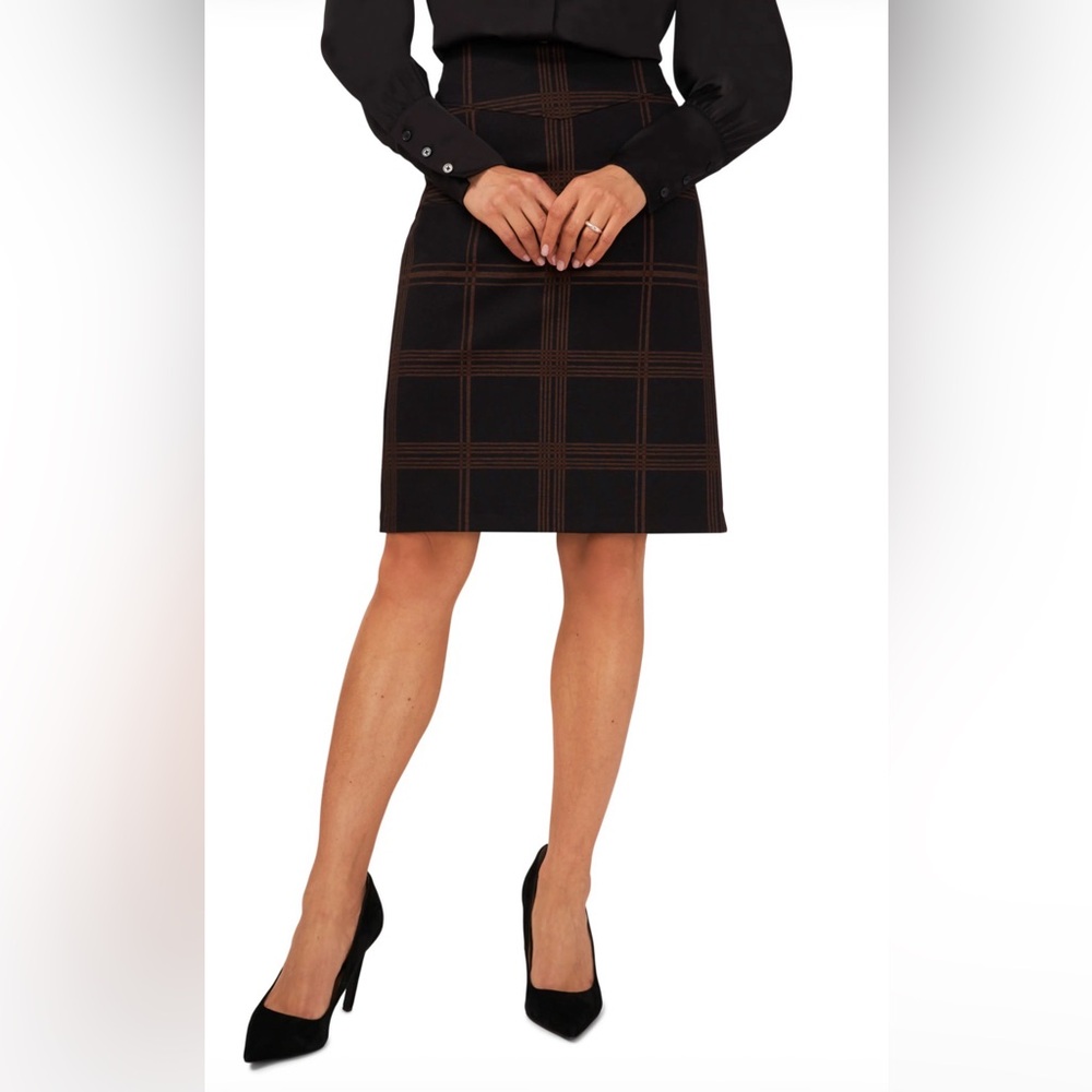 Halogen Black and Brown Plaid Seamed Pencil Skirt